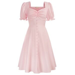 Belle Poque Puffed Short Sleeve Sweetheart Fit & Flare Dress Pink Size XL Retro